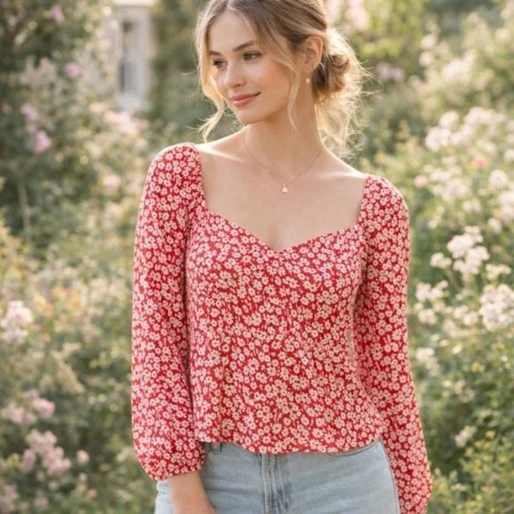 Boden Red Ditsy Floral Sweetheart Printed Square Neck Top Blouse Size 6